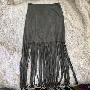 Olive Green Midi Skirt with Fringe